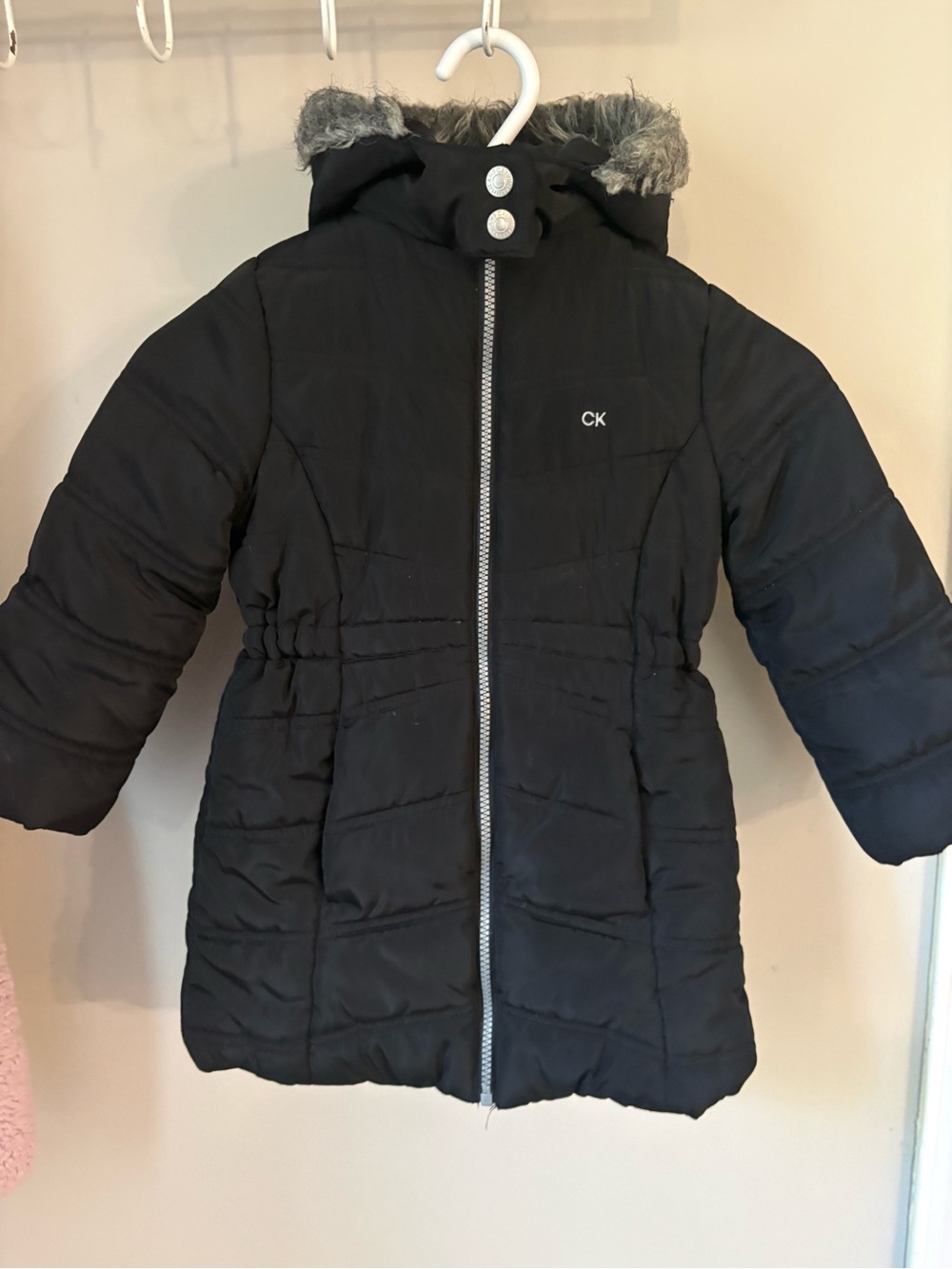Calvin Klein Jeans Kids Black Puffer Coat with Faux Fur Hood Trim